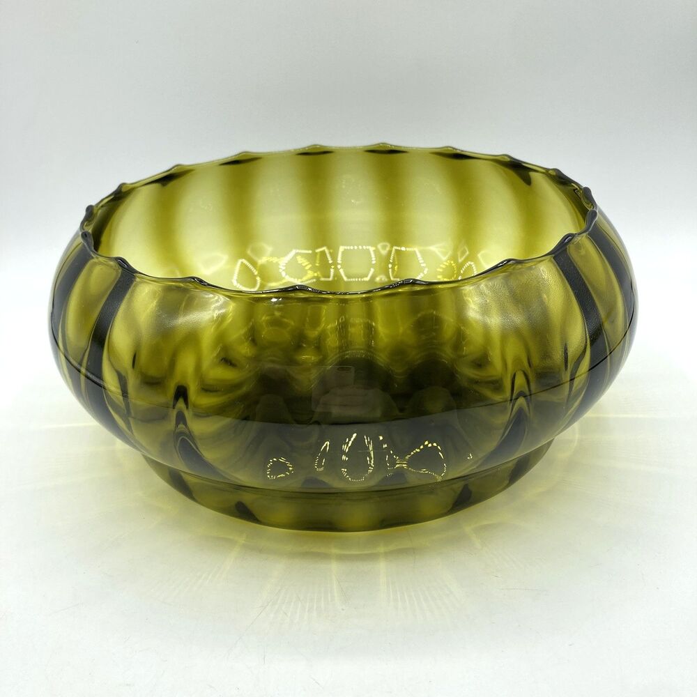 Vintage Italian Empoli Glass Optic 9” Centerpiece Bowl Olive Avocado Green MCM